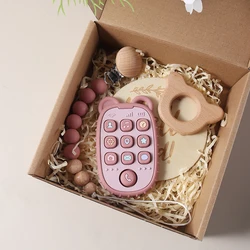 4pcs per set with gift box New born baby gift set silicone mobile teether wooden bear rattle Photography props
