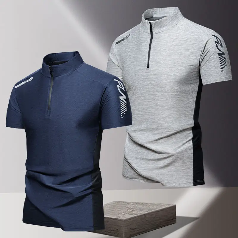 New Fashion Ice Silk Quick Dry Men's Stand-up Collar T-shirt Short-sleeved Sports Fitness Summer Running Polo Shirt Half Zipper
