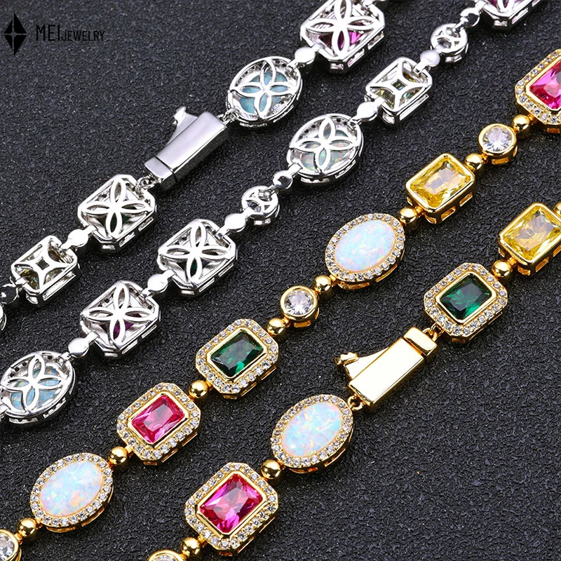 

Hot selling Hip Hop Colored Gemstone Women Necklace Bracelet Jewelry Set Personalized Trendy Cubic Zirconia Men Bracelet