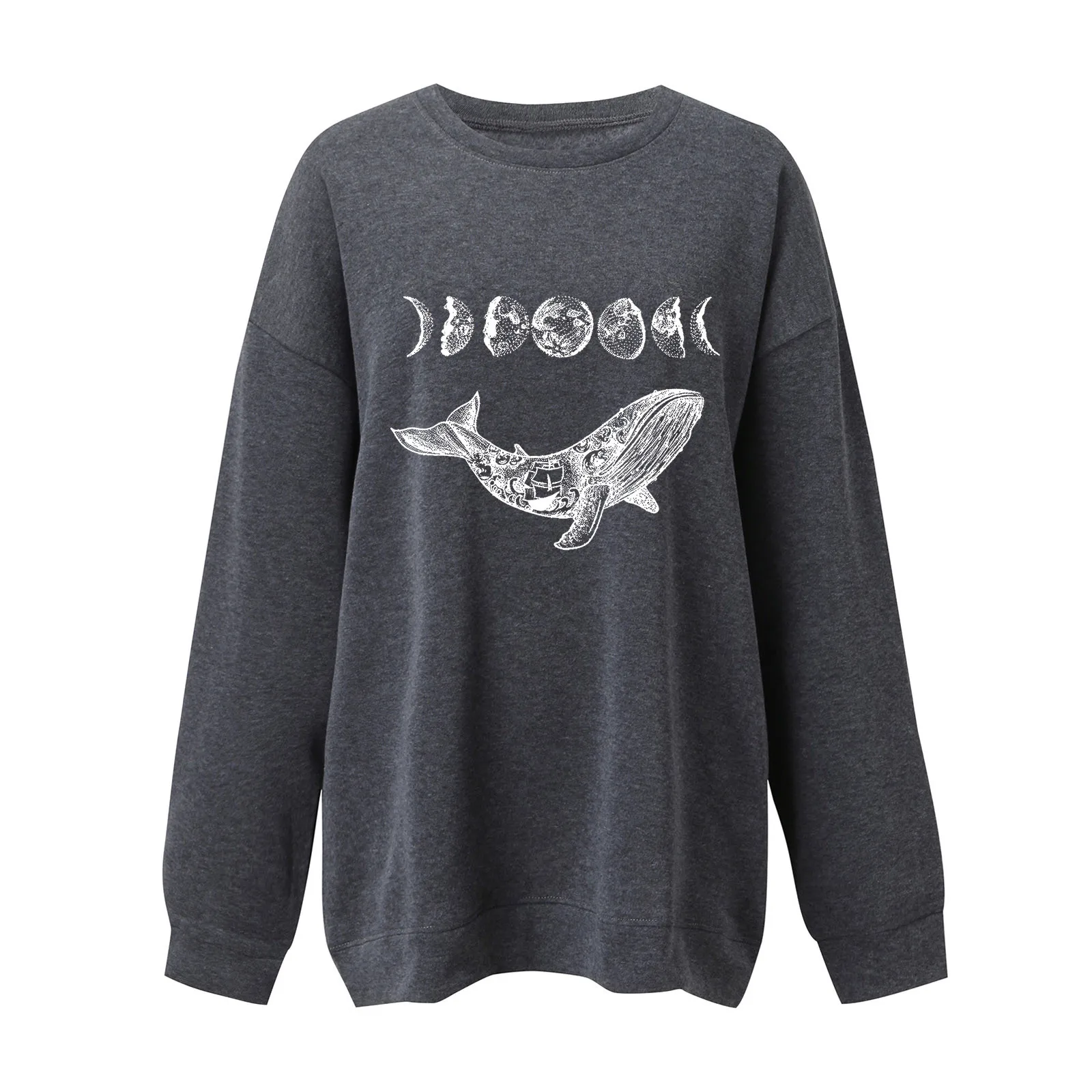 Vintage Women Hoodies Sweatshirts Whale Moon Print Drop-shoulder Long Sleeve Loose Sweatshirts Graphic Sport Top Clothes Moletom