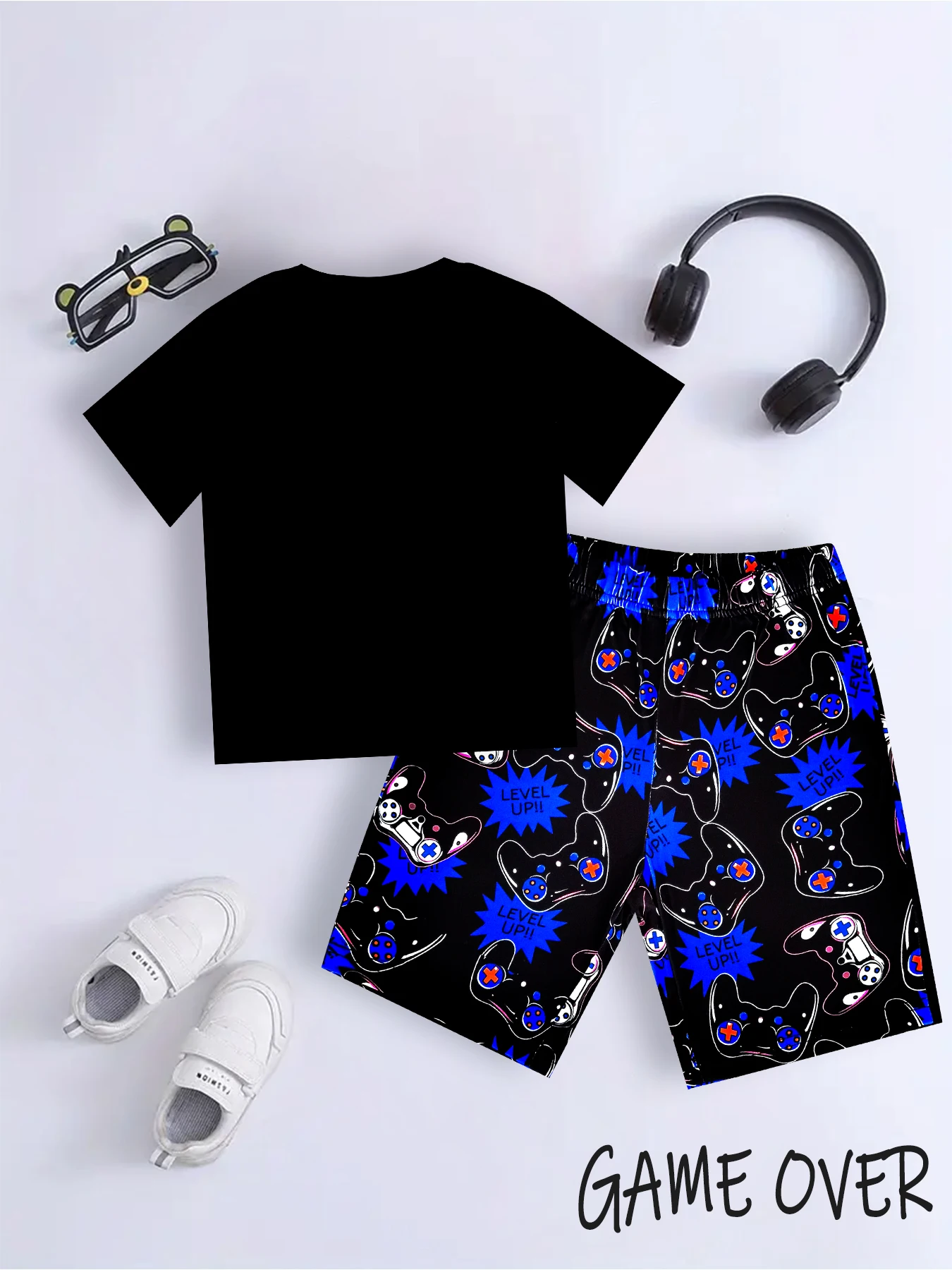 2pcs Boys Fashion Cool Casual Loungewear Pajama Set Gamepad Pattern Print Short Sleeve Pullover Top + Allover Print Shorts Cloth