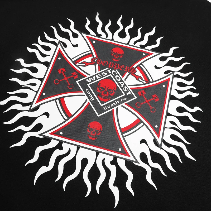 Men Vintage Punk‑Style Long‑Sleeve T‑Shirt Skull Cross Fire Print Casual Streetwear West Coast Tops Tee