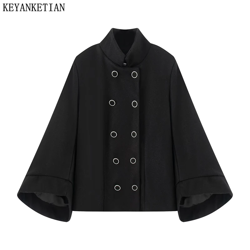 

KEYANKETIAN Winter New Women's Standing Collar Double Row Buckle Decoration Bat Sleeve Retro Black Cape Jacket Women Coat
