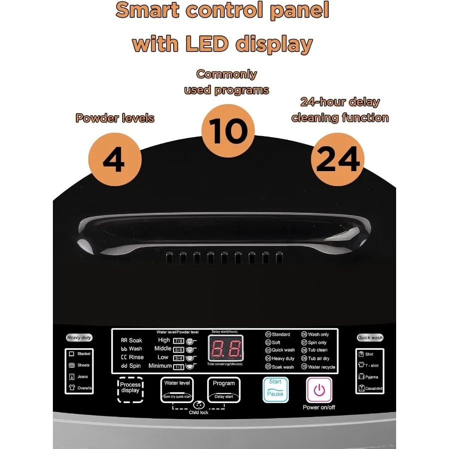 غسالة أوتوماتيكية بالكامل بوزن 17.7 رطل مع شاشة LED لمسكن الشقق المنزلية و10 برامج غسيل و8 مضخة تصريف بمستويات المياه #4
