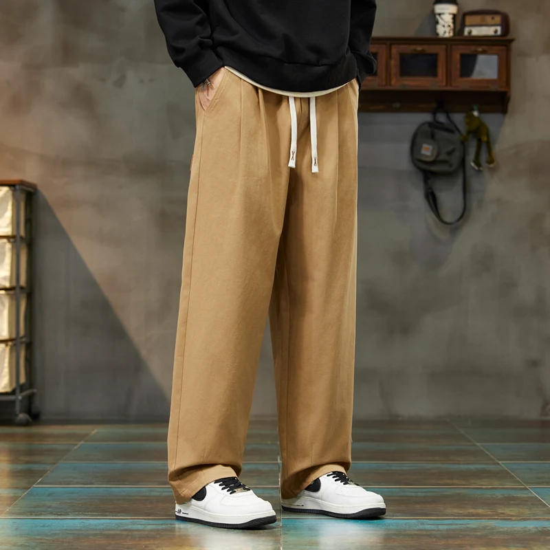 

Новые мужские брюки, прямые широкие брюки, мужские эластичные брюки на талии, 100% хлопок, осенний повседневный модный свободный крой большого размера