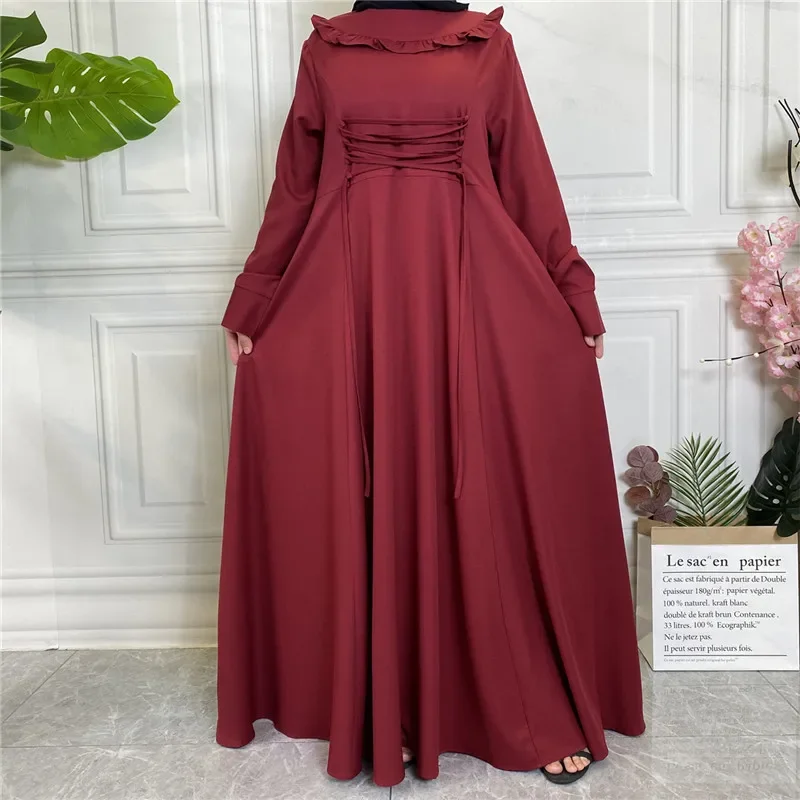 Muslim Dress Women Party Dress Thick Lace-up Dubai Abayas Solid Loose Maxi Long Dress Islam Clothing Women Long Sleeve Abayas