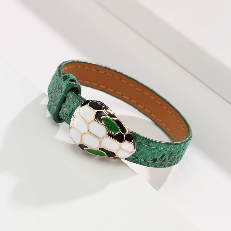 Kirykle Luxurious High Quality Gold Color Enamel Snake Head Leather Bracelet for Women Girl Charm Bracelet Party Jewelry Gifts