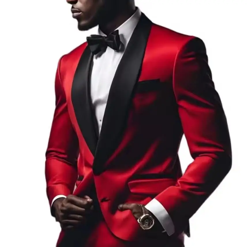 New Luxury Red Satin Men Suits 2025 Shawl Lapel Single Breasted Wedding Blazer 2 Piece Jacket Pants Formal Prom Party Suit Male - Image 2