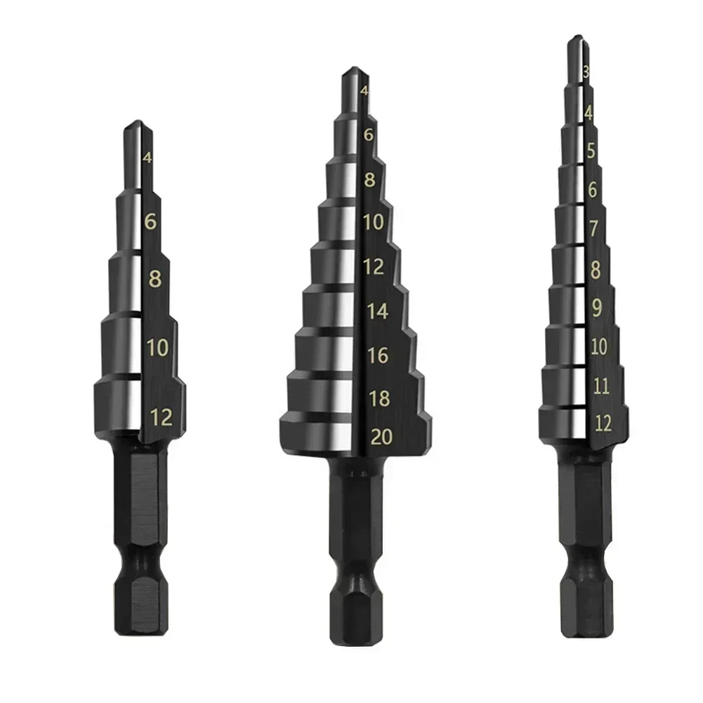 3-12mm/4-12mm/4-20mm HSS Straight Groove Step Drill Bit Nitrogen Coated Drilling Power Tool Set Wood Metal Hole Cutter