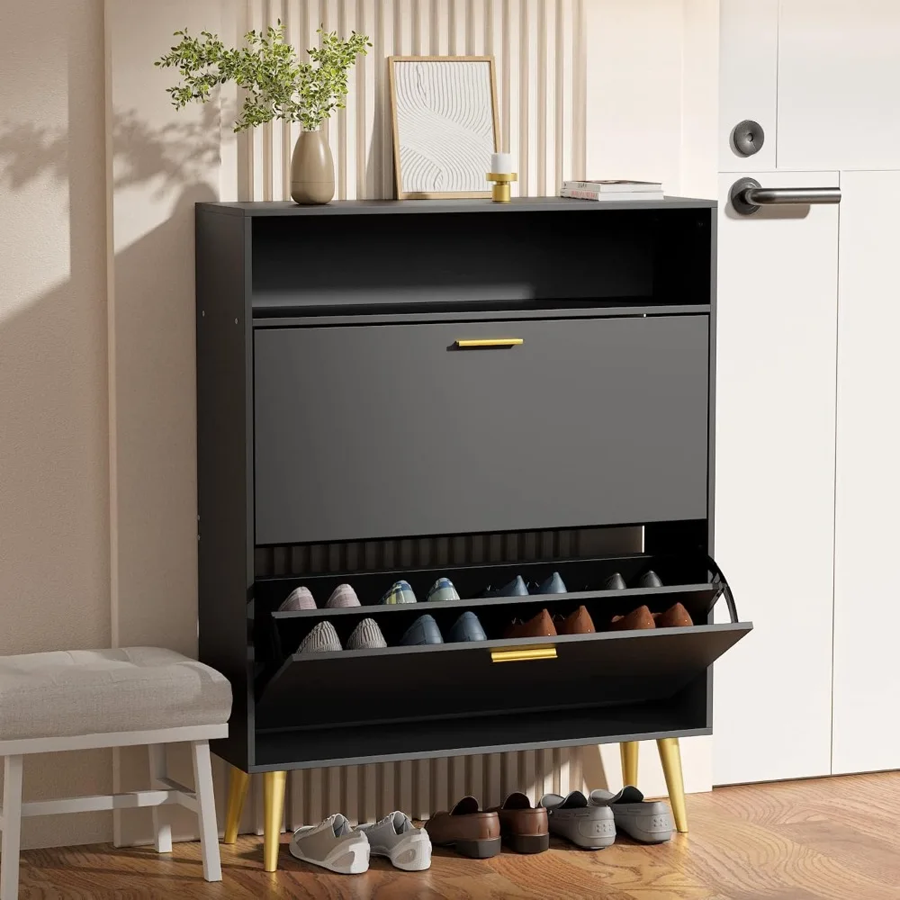 

Shoe Cabinet for Entryway, Narrow Shoe Storage Cabinet with 2 Flip Drawers, Freestanding Hidden Shoe Rack Storage with Open She