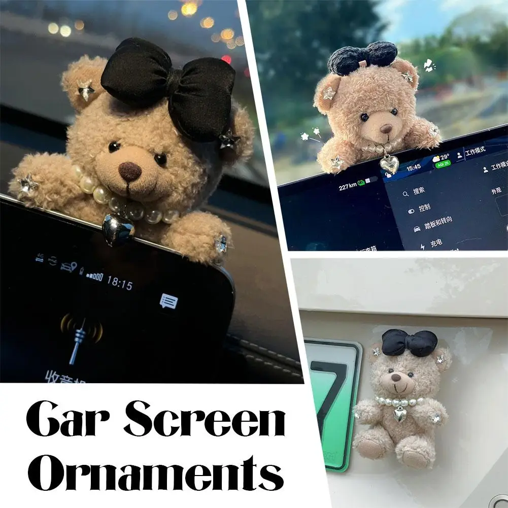 

New Cute Bowknot Panda Car Accessories Decorate Car Control Decoration Plush Screen Interior Home Car Teddy Doll Bear X6I7