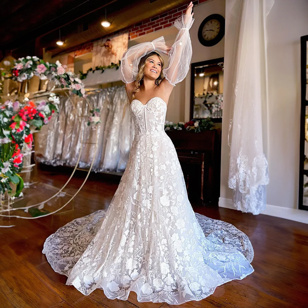 Vestidos de casamento de renda para mulheres, mangas puff, apliques de costas abertas, vestidos de trem da capela, querida linda, 2023