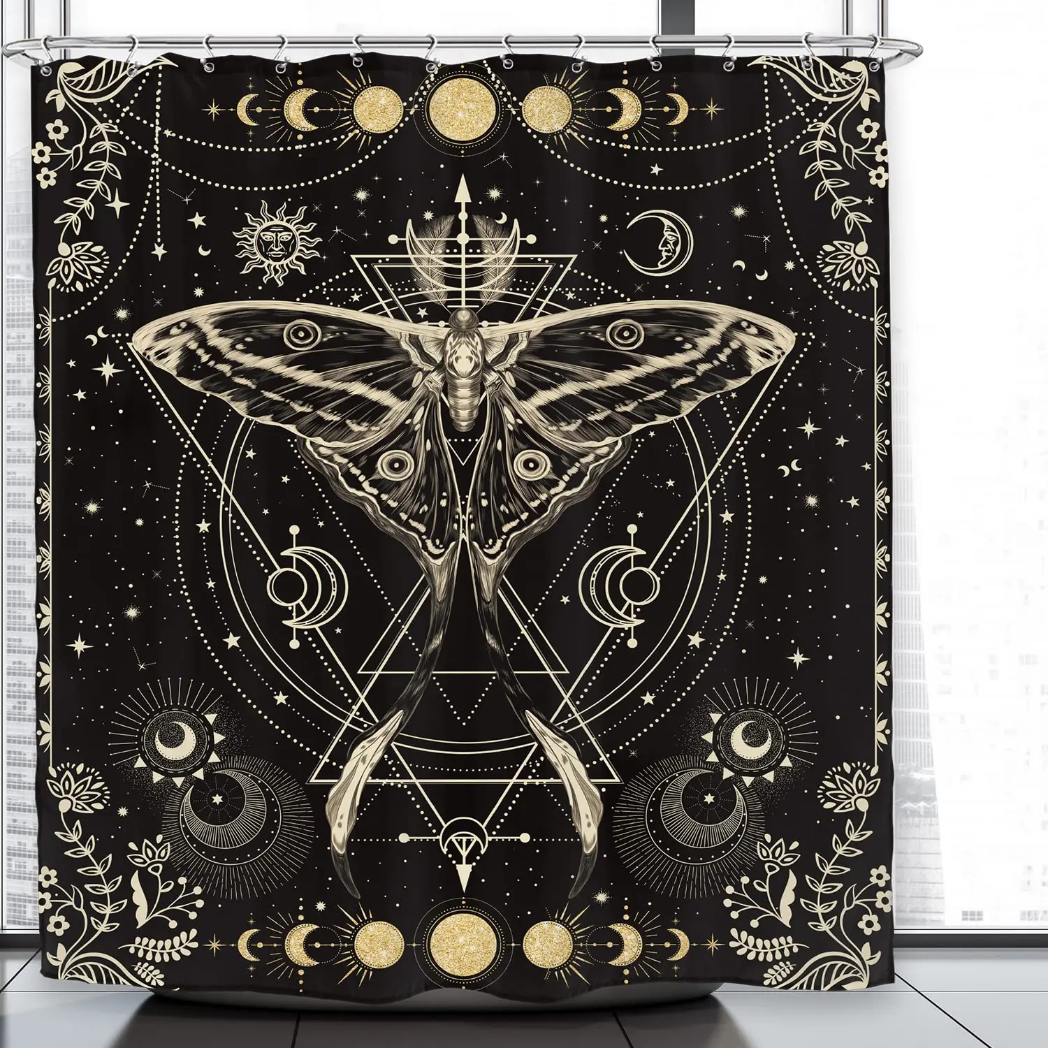 Gold Moth Moon Phase Shower Curtain Gothic Black Butterfly Moonlit Bath Curtain Psychedelic Tarot Bath Curtains Bathroom Sets