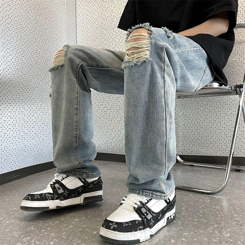 

Loose Straight Leg Men's Jeans Large Size Washed out Hip Hop American Style Summer Trendy Pants Casual Youth Long Trousers