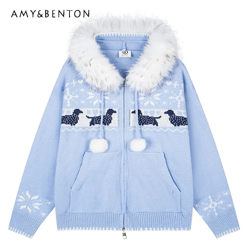 

American Animal Jacquard Fur Collar Women's Sweater 2025 Winter New Loose Fur Collar Hooded Christmas Knitted Cardigan Unisex