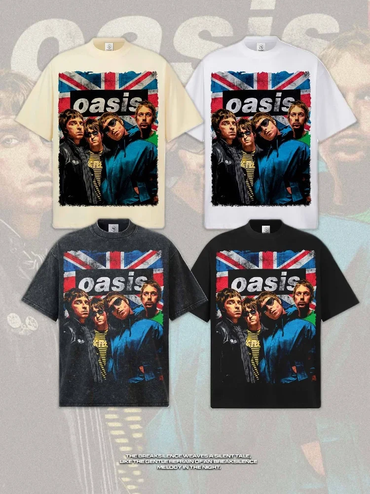 OASIS Men's Rock-Style Retro Print Heavyweight Short-Sleeve T-Shirt Summer High-Street Versatile Top