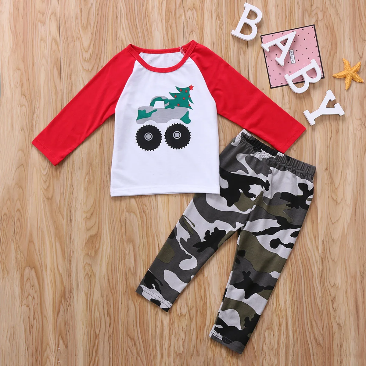 12M-5T Boy’s Long Sleeve and Trousers 2Piece Outfits Suit Cartoon Little Car Pullover T-shirt and Camouflage Elastic Long Pants