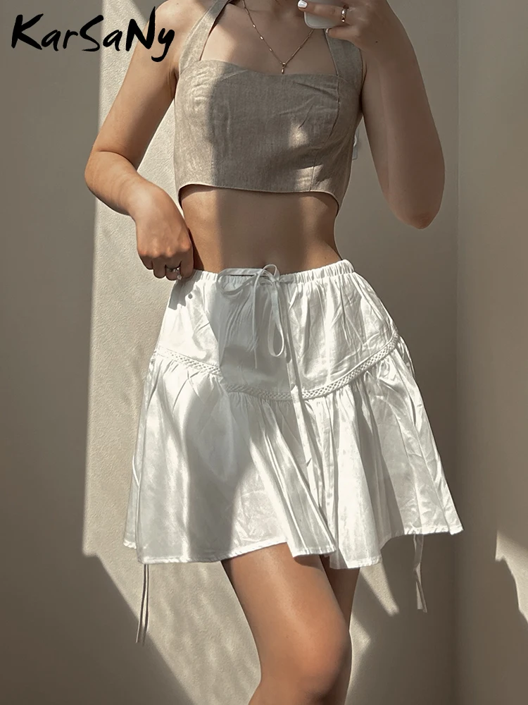 White Mini Skirts Women Summer A-line Lace Up Short Skirts With Shorts Elastic Waist Pleated Blue Mini Skirt Women School Skirt