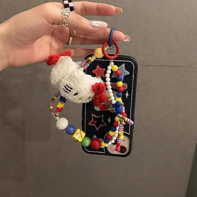 Olá Kitty e Minha Melodia Frisado Chaveiro Colorido, Sanrio Plush Phone Strap, Pulseira De Pulso, Mochila Pingente, Presente Decorativo