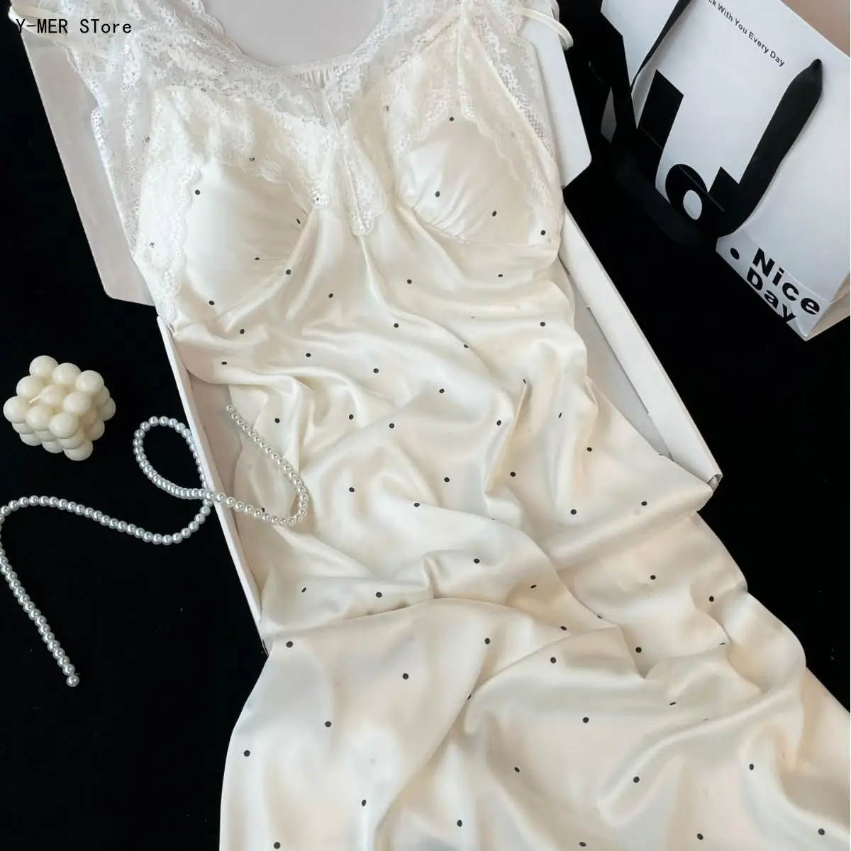 Women Ice Silk Off Shoulder Nightgown, Summer Thin Lace Trim Slip Nightdress Home Loungewear