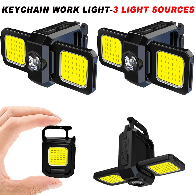 COB Keychain Work Light with Dual Light Source 5Mode Rechargeable High Lumens Portable LED Light for Camping Hiking Running