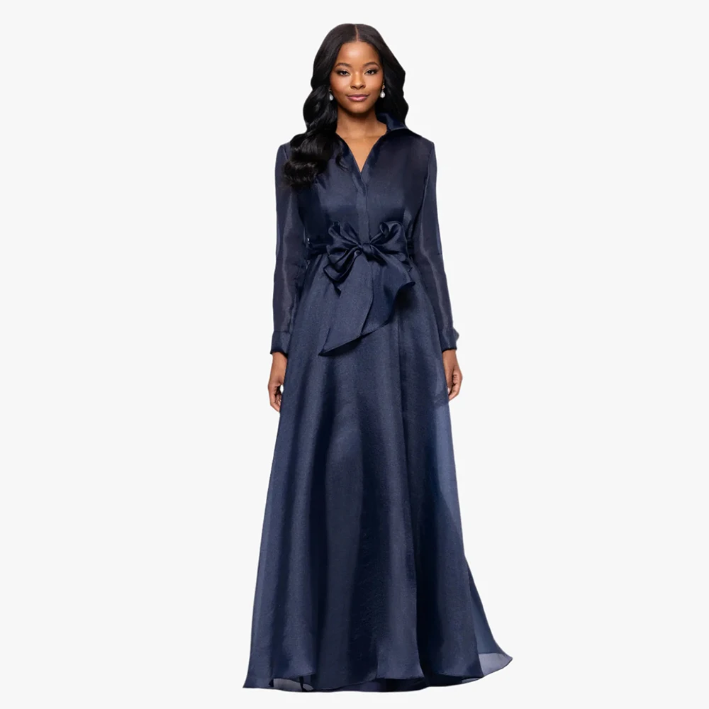 

Elegant Evening Dress V Neck Long Sleeve Bowknot A Line Prom Dresses Formal Cocktail Party Gown Bridal Guest Dress Customized