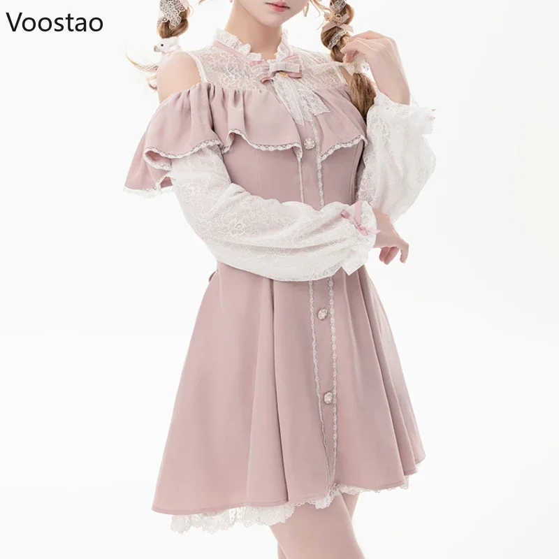 Japanese Style Gothic Lolita Dress Women Elegant Sweet Bow Off Shoulder Lace Long Sleeve Princess Dress Harajuku Y2k Party Dress