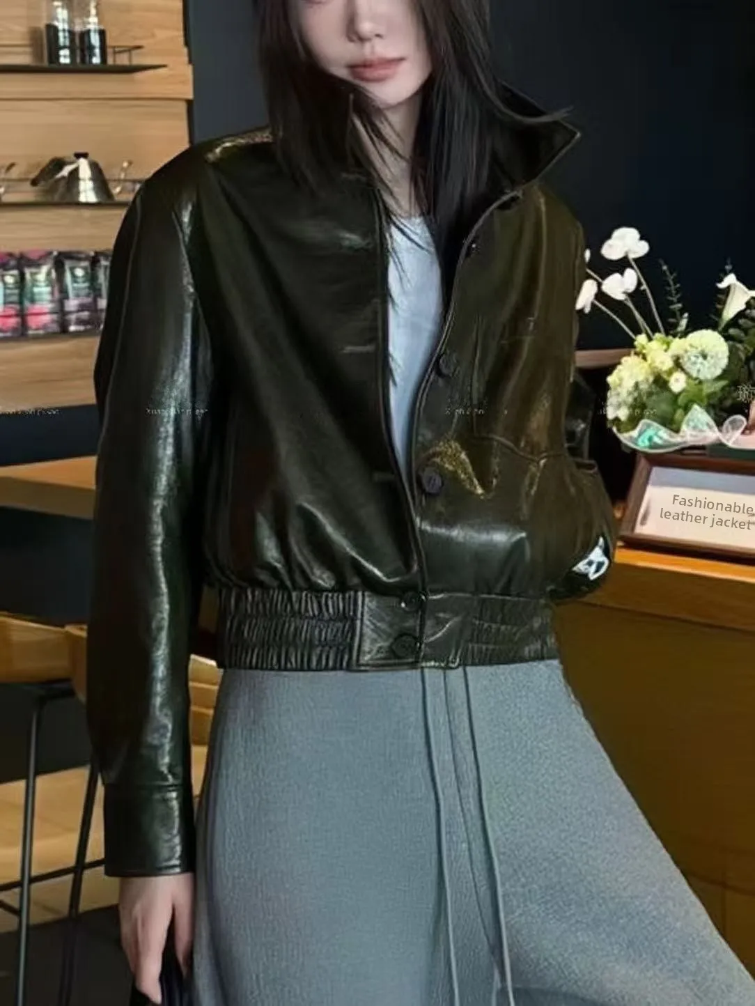 

Spring Autumn ort Genuine eepskin Leather Jaet Women's Faion Slim Fit Casual Turn-down Collar ket Commute Sle