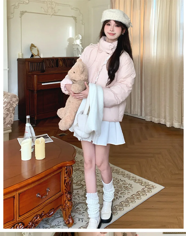 Sweet Pink Bow Stand Collar Puffer Jacket Women Korean Lace Spliced Thick Outerwear Students Winter Warm Cropped Cotton Jackets