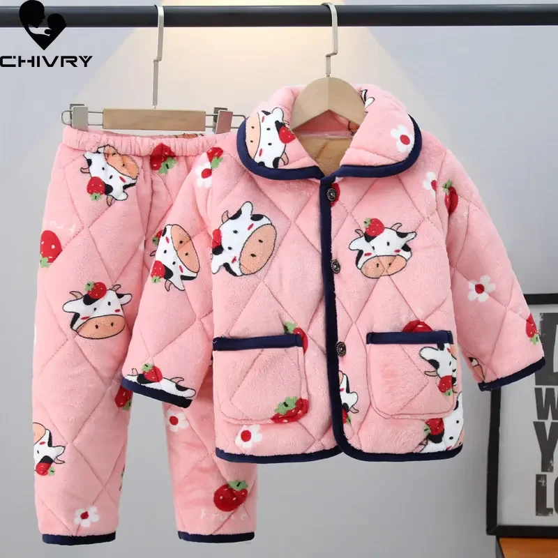 New Winter Kids Flannel Cotton-padded Thick Warm Pajamas Cartoon Lapel Pyjamas Sets Baby Boys Girls Sleepwear Clothing Home Wear