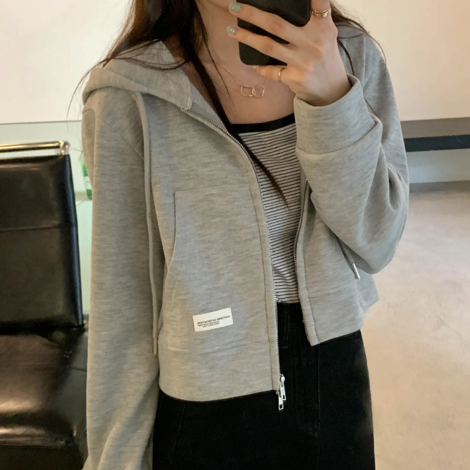 Women Short Style Thin Cotton Hoodie Double Zipper Design Sense Spring Autumn Pink Jacket Top Casual Cardigan Zipper Coat