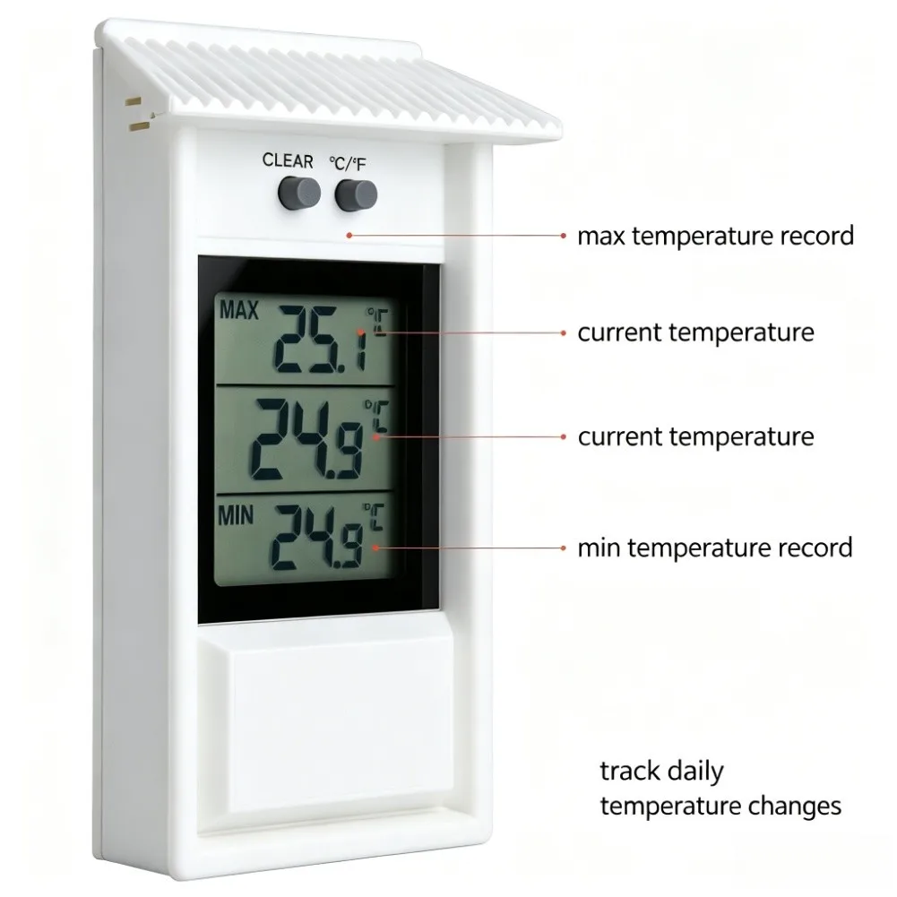 Indoor Outdoor Digital Thermometer with Hygrometer Waterproof Housing Min Max Temperature Memory and Scale Switch