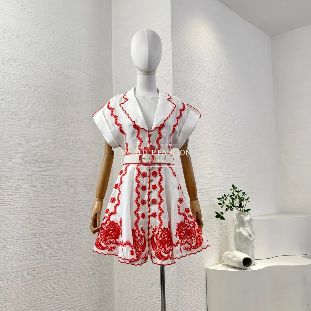

Pure Linen New High Quality Red White Floral Print Short Sleeve Women Belted Holiday Mini Dress 2025