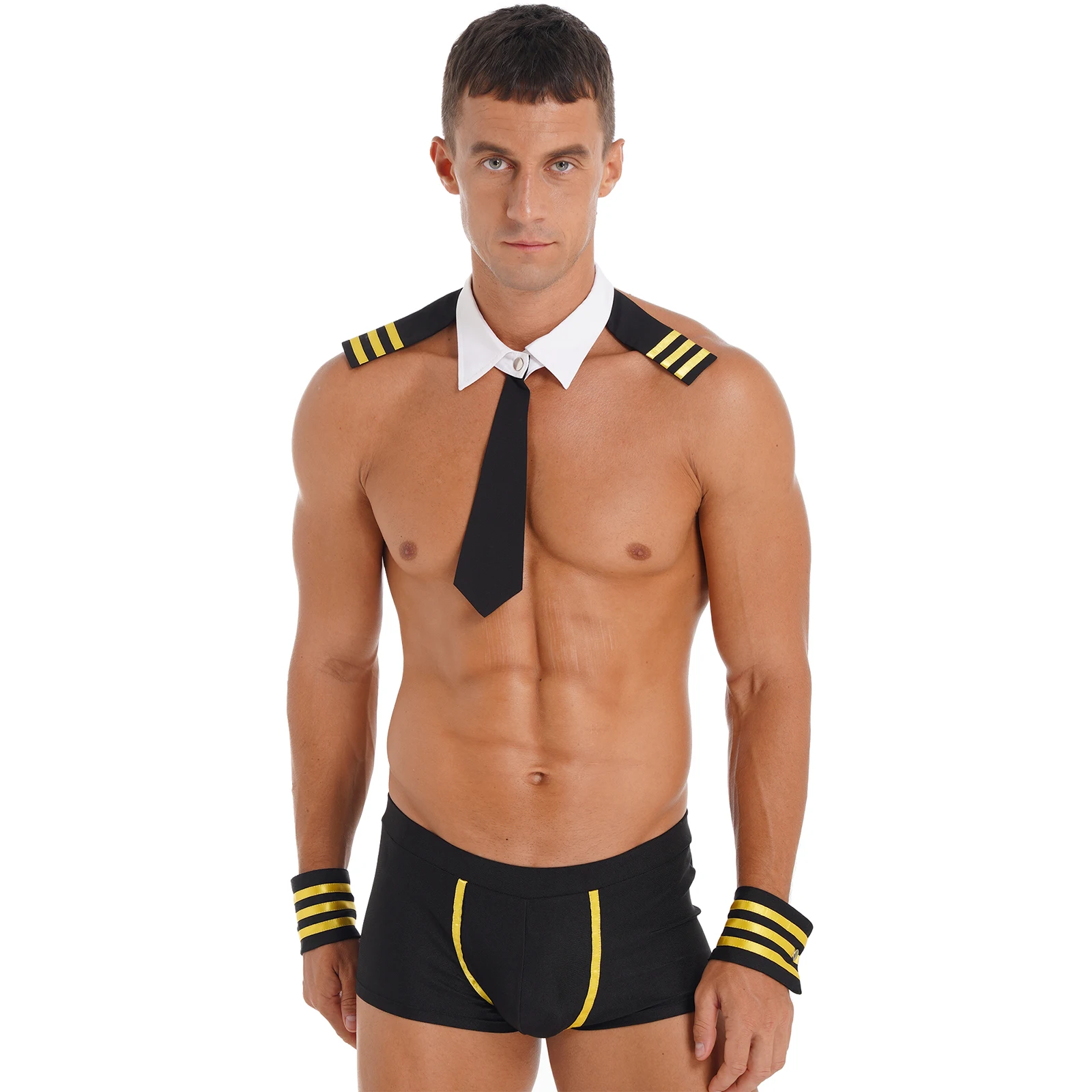 Conjunto de ropa interior Sexy para hombre, bóxer de marinero con cuello, traje de 3 piezas, disfraz de capitán piloto, Halloween, club nocturno