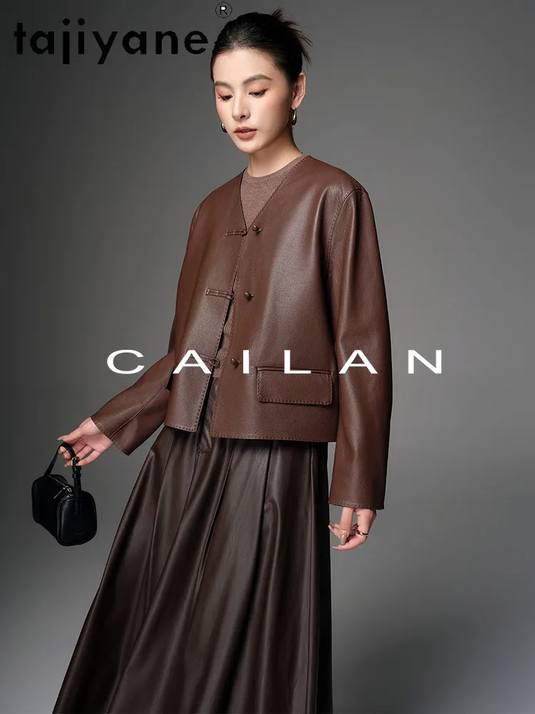 TAJIYANE 本物の山羊革レザージャケット女性ショート V ネックコートボタン付き本革ジャケット 2026 秋の女性服 дубленка