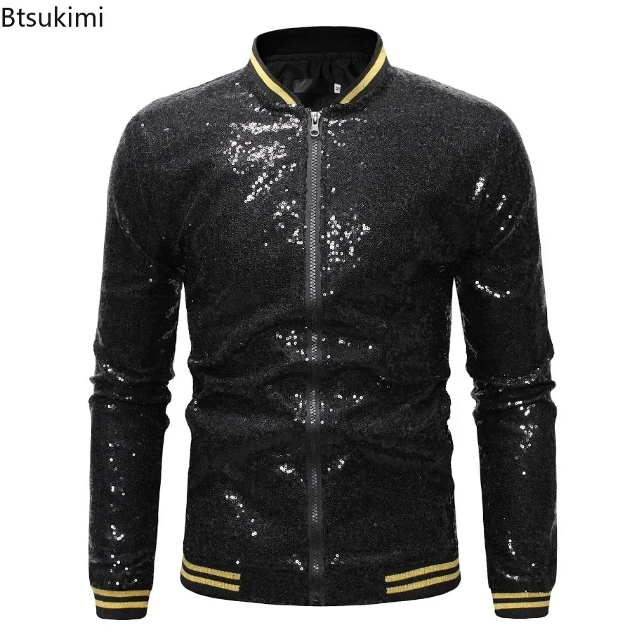 Chaquetas con lentejuelas para hombre, abrigos con purpurina brillante para discoteca, DJ, graduación, chaqueta Bomber para hombre, chaqueta para