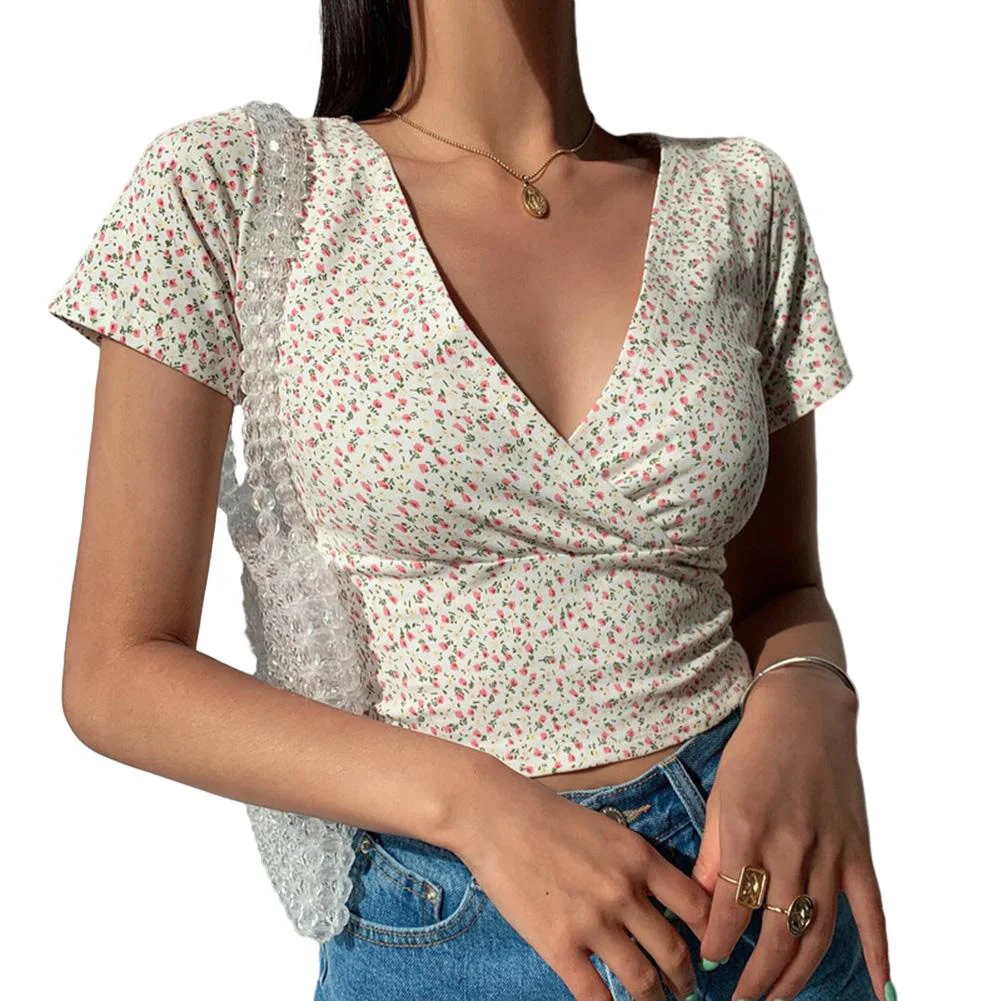 Top T Shirt Casual Daily Leisure Crop Floral Korean Medium Elasticity Polyester Printing Pullover Short Sleeve