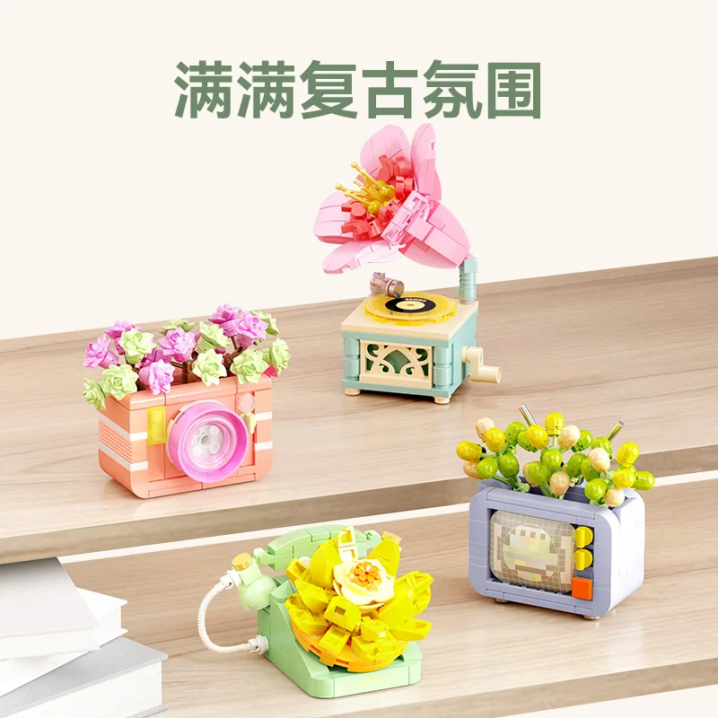 Flower Furniture Succulent Plant Home Office Decoration Building Blocks Appliance Bonsai Bricks Model DIY MOC Toys for Children