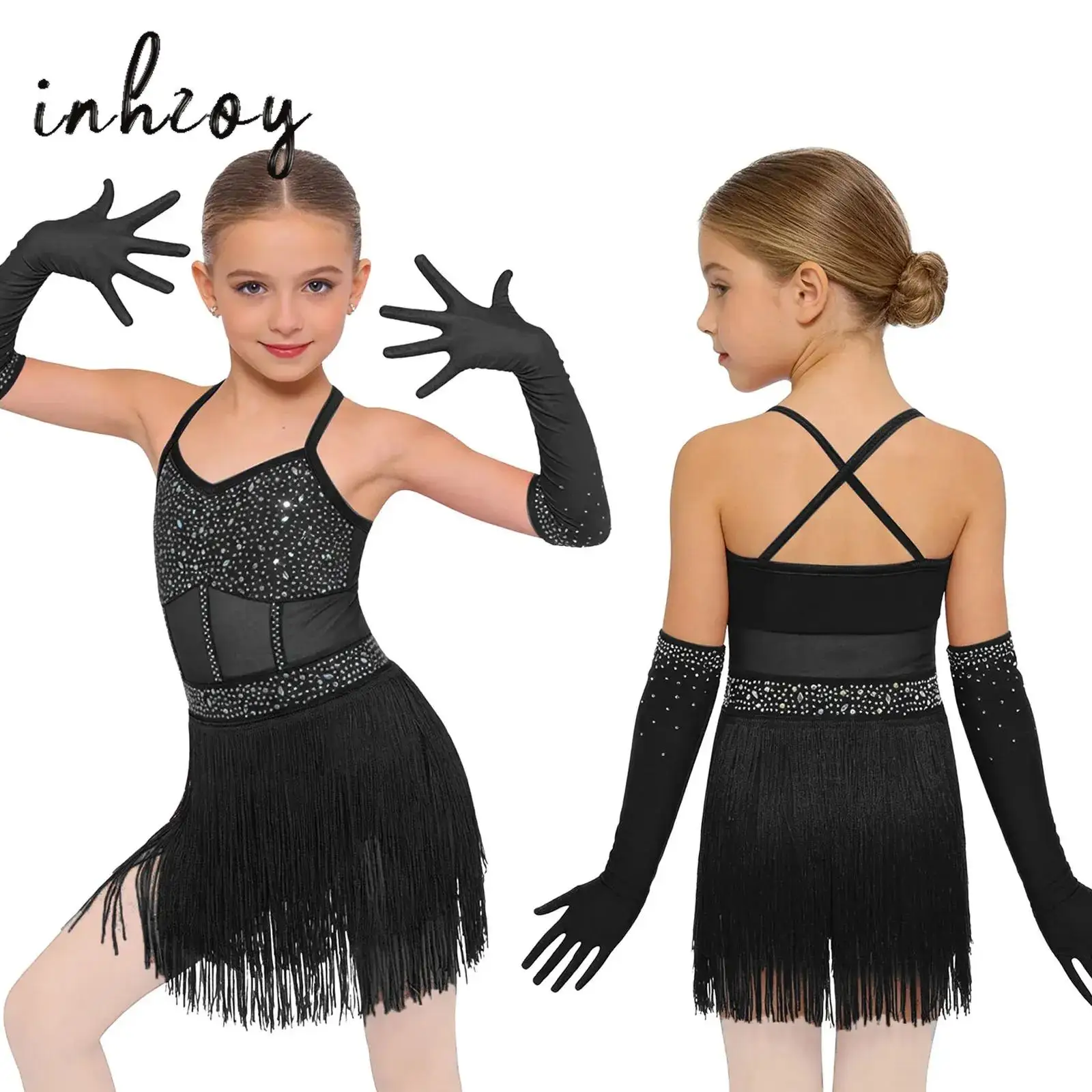 

Kids Girls Latin Dance Suit Ballet Figure Skating Jazz Rumba Tango Salsa Tassel Leotard Dress with Mesh Gloves for Performance