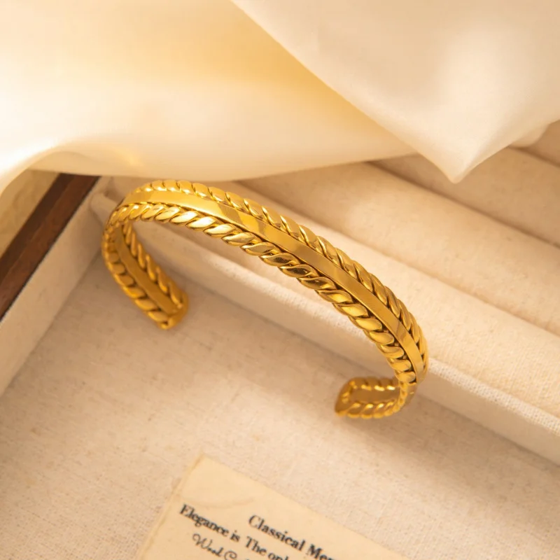 

Trend Style Wheat Ear Pattern Open Bracelet Fashion Classic Simple Titanium Steel Bangle18kGold Plated Women's Bracelet