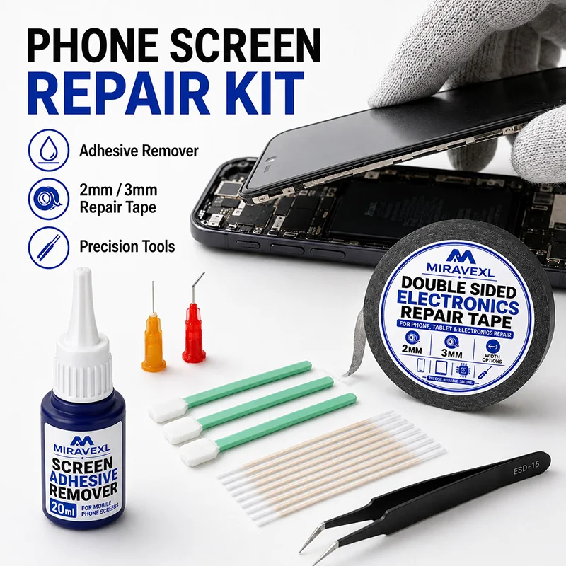 MIRAVEXL Double Sided Electronics Repair Tape 2/3mm, Screen Adhesive Remover, Tweezers, Swabs Kit for Phone Tablet Laptop Repair