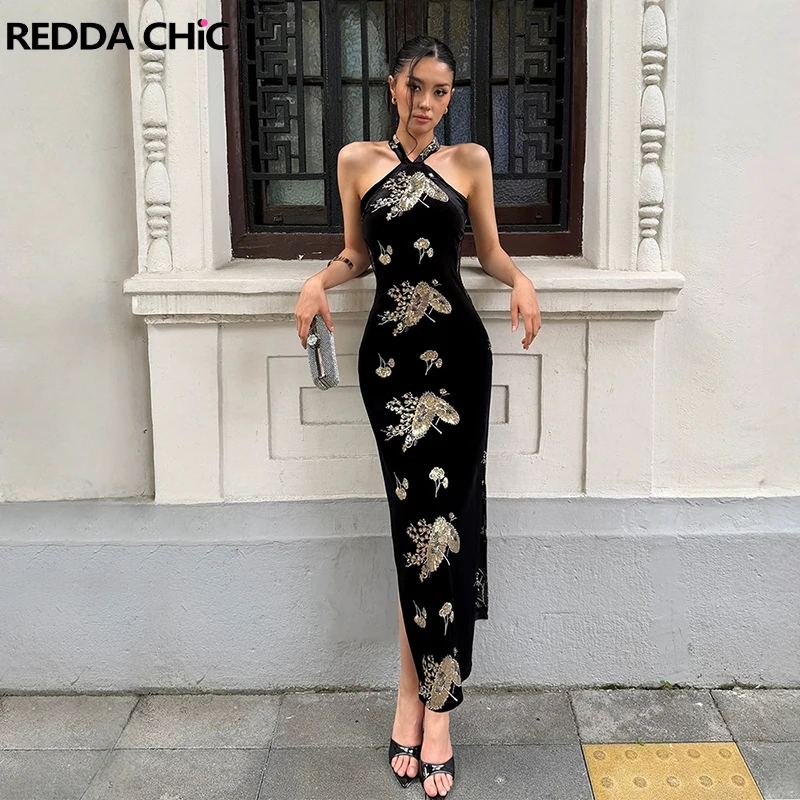 REDDACHiC Chinese Women's Velvet Cheongsam Elegant Halter Embellished Shiny Lace Hollow Waist Maxi Qipao Dress Vintage Clothes