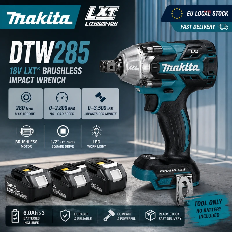 Makita DTW285Z 18V LXT bürstenloser Schlagschrauber 280N.m, kabelloser Elektroschrauber 1/2" mit 6,0Ah Akku, professionelles Werkzeug für die Autoreparatur, Versand aus Polen, EU-Lager, schnelle