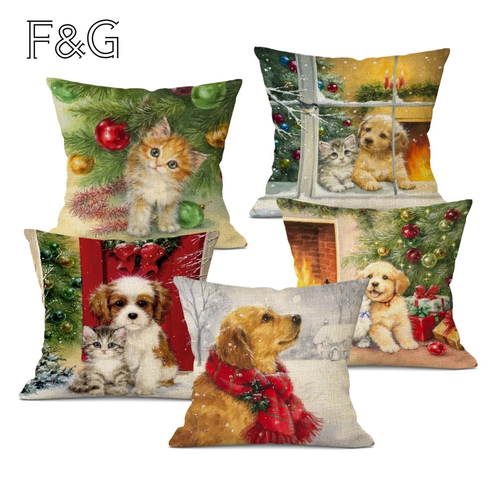 Pets Printed Christmas Pillow Cases Cats Dogs Cushion Cover Christmas Decorative Gifts Square Linen Throw Pillowcase