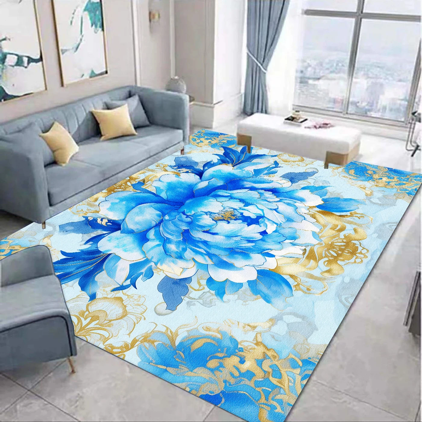 Modern Luxury Carpets for Living Room Blue Peony Decor Flower Carpet Parlor Sofa Chair Floor Mat Bedroom Bedside Lounge Rug