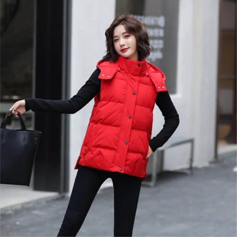 2021 New Down Cotton Women's Vest Autumn Winter Girls' Coat Versatile Casual Hooded Student College Fashion zipper  White