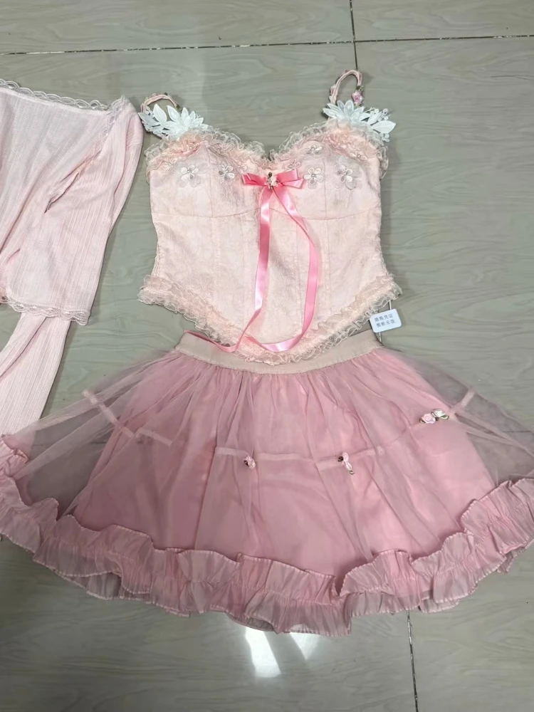 Design Summer Sweet Slim 2-piece Set Women Vintage Chic Off Shoulder Bow Sling Tops Female + Elastic Waist Short Skirt Outfits