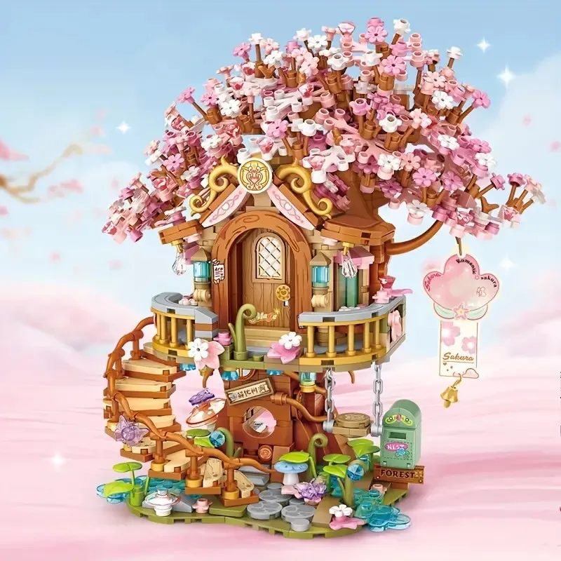 Fiore di ciliegio Casa sull'albero Modello di costruzione della casa Piccola particella Building Block Ornamento Natale Capodanno Regalo di Halloween
