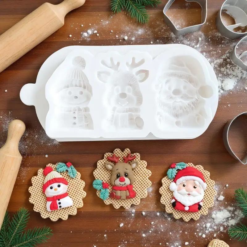 Three Santa Claus Elk Christmas Snowman Snowflake Silicone Mold Fondant Cake Dessert Chocolate Mold Decoration Tools