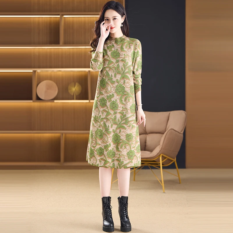 

2025 Fashion Knitted Print Elegant Pullovers Women Korean Bodycon Sweater Dresses Autumn Winter Long Sleeve Thick Warm Sweaters
